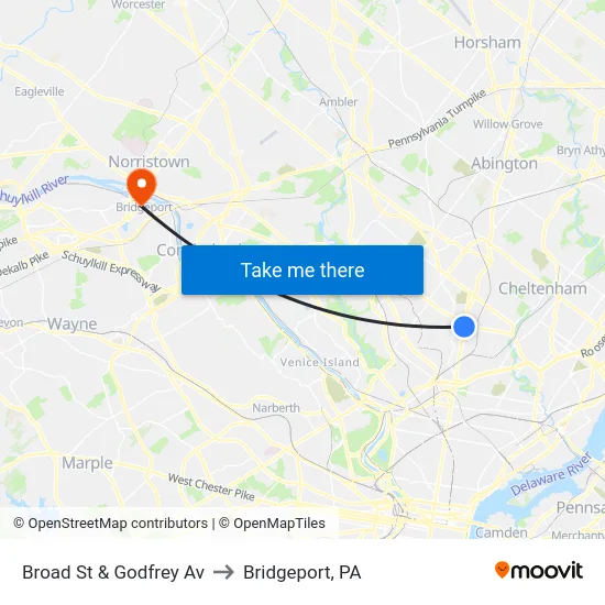 Broad St & Godfrey Av to Bridgeport, PA map