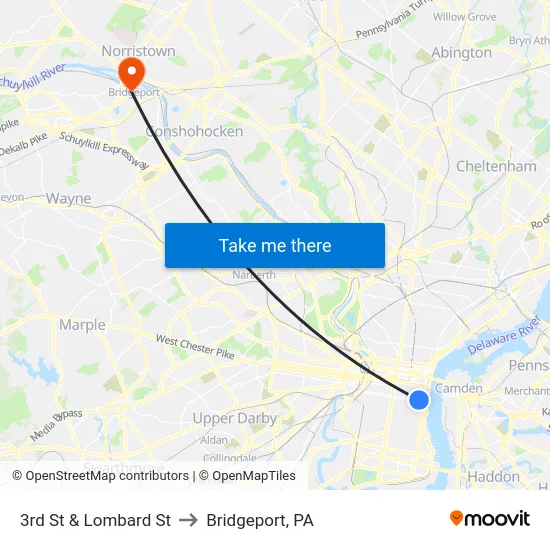 3rd St & Lombard St to Bridgeport, PA map