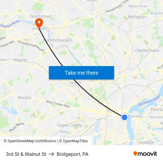 3rd St & Walnut St to Bridgeport, PA map