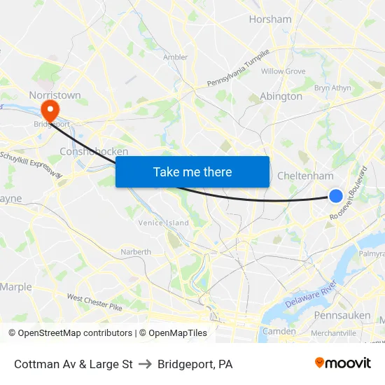Cottman Av & Large St to Bridgeport, PA map