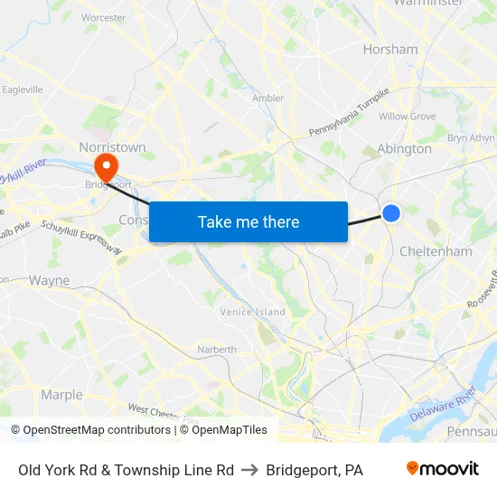 Old York Rd & Township Line Rd to Bridgeport, PA map