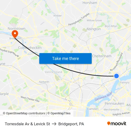 Torresdale Av & Levick St to Bridgeport, PA map