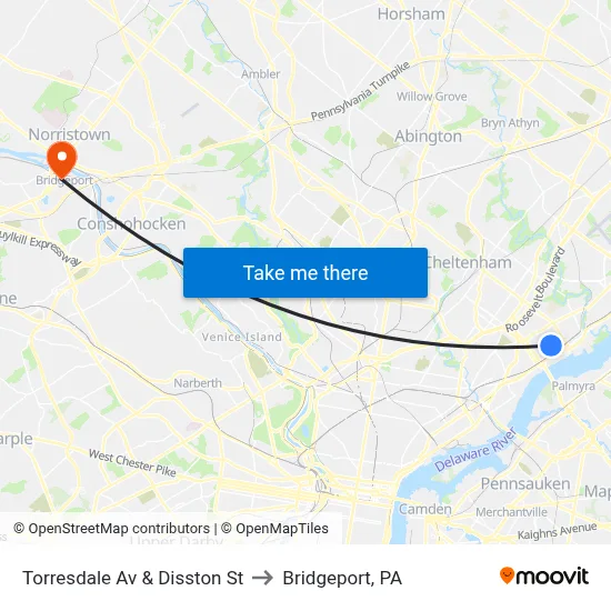 Torresdale Av & Disston St to Bridgeport, PA map