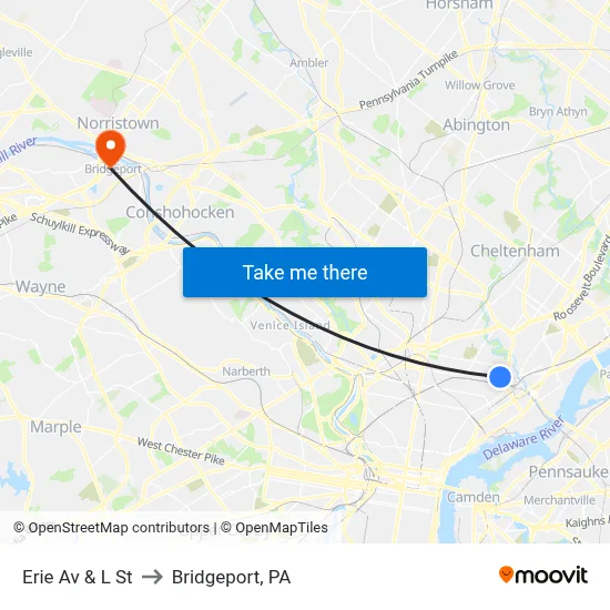 Erie Av & L St to Bridgeport, PA map