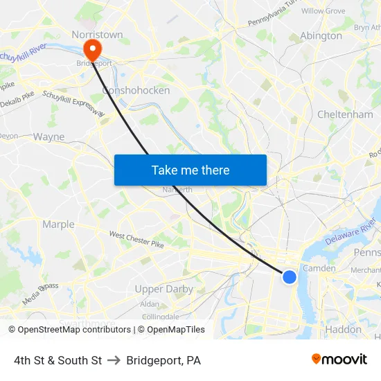 4th St & South St to Bridgeport, PA map