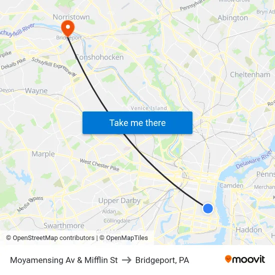 Moyamensing Av & Mifflin St to Bridgeport, PA map