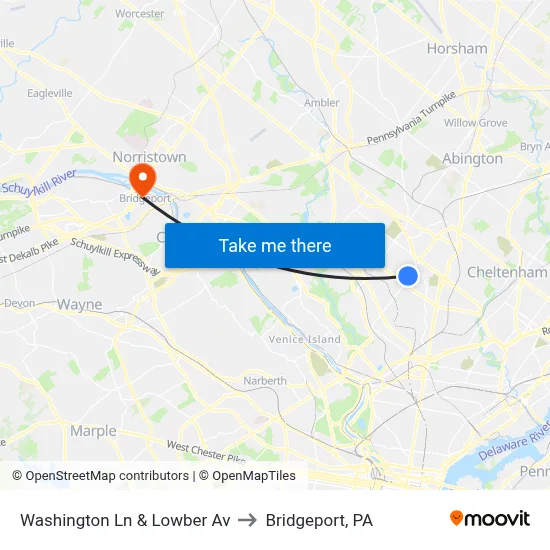 Washington Ln & Lowber Av to Bridgeport, PA map