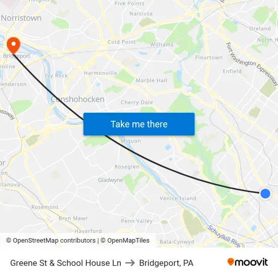 Greene St & School House Ln to Bridgeport, PA map