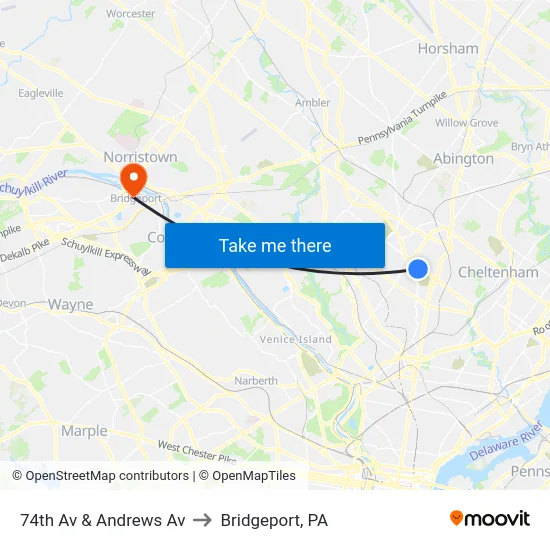 74th Av & Andrews Av to Bridgeport, PA map