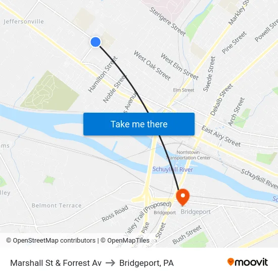 Marshall St & Forrest Av to Bridgeport, PA map