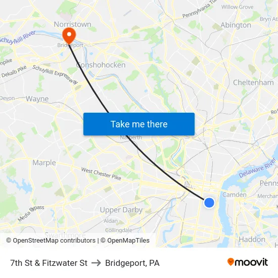7th St & Fitzwater St to Bridgeport, PA map