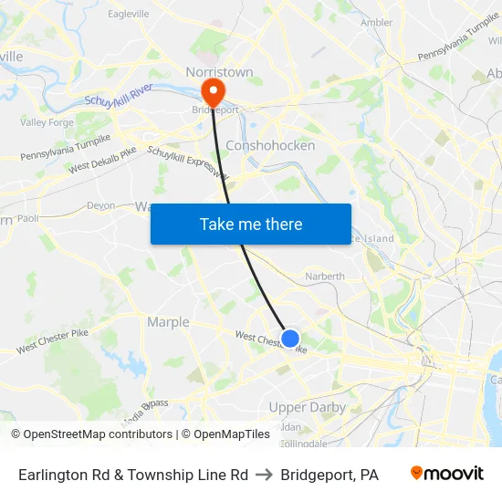 Earlington Rd & Township Line Rd to Bridgeport, PA map