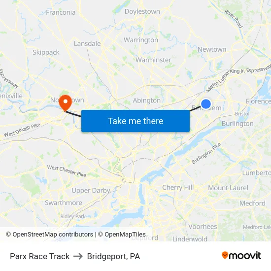 Parx Race Track to Bridgeport, PA map