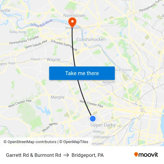 Garrett Rd & Burmont Rd to Bridgeport, PA map