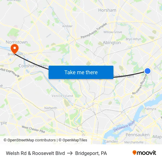 Welsh Rd & Roosevelt Blvd to Bridgeport, PA map