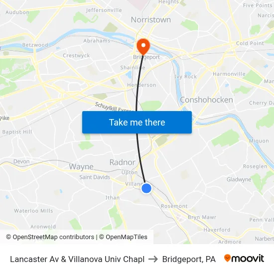 Lancaster Av & Villanova Univ Chapl to Bridgeport, PA map