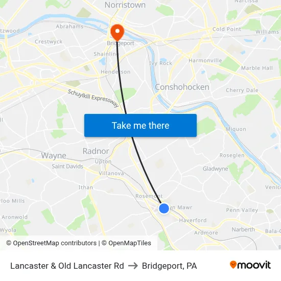 Lancaster & Old Lancaster Rd to Bridgeport, PA map