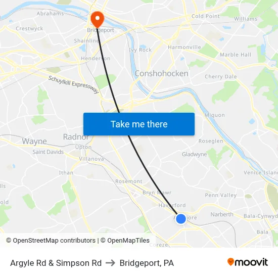 Argyle Rd & Simpson Rd to Bridgeport, PA map