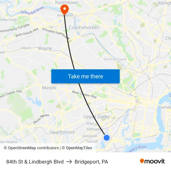 84th St & Lindbergh Blvd to Bridgeport, PA map