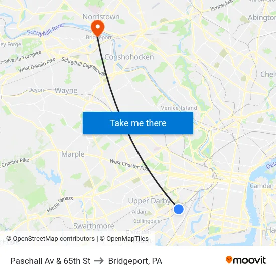 Paschall Av & 65th St to Bridgeport, PA map