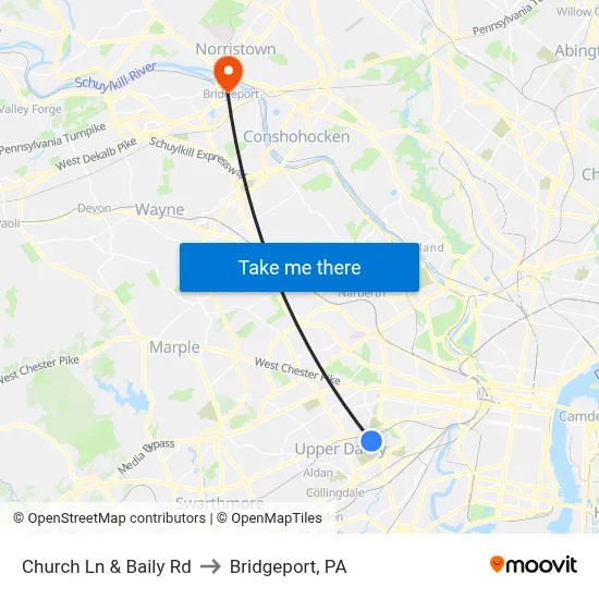 Church Ln & Baily Rd to Bridgeport, PA map
