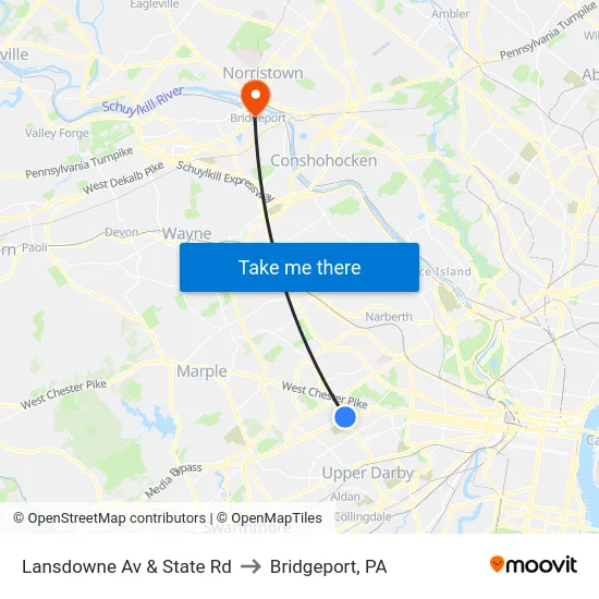 Lansdowne Av & State Rd to Bridgeport, PA map
