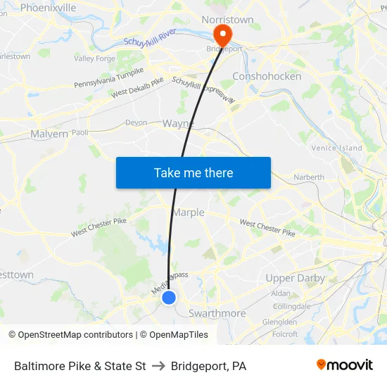 Baltimore Pike & State St to Bridgeport, PA map