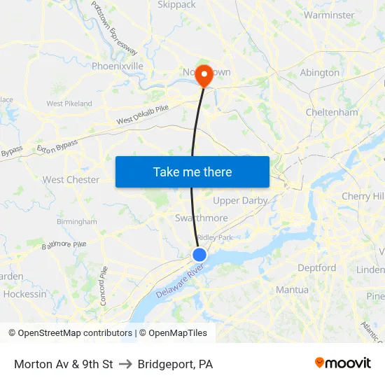 Morton Av & 9th St to Bridgeport, PA map