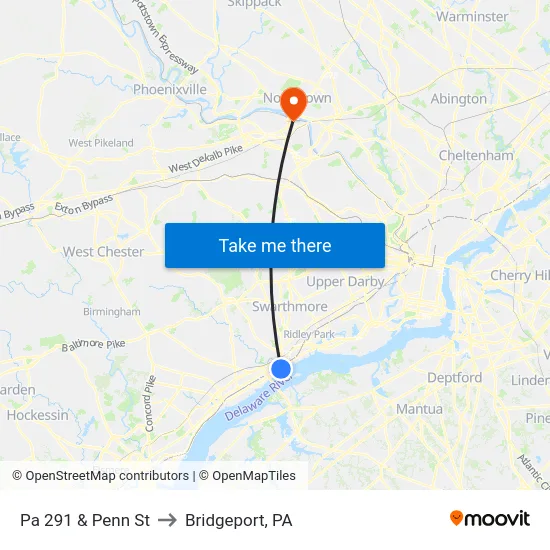 Pa 291 & Penn St to Bridgeport, PA map