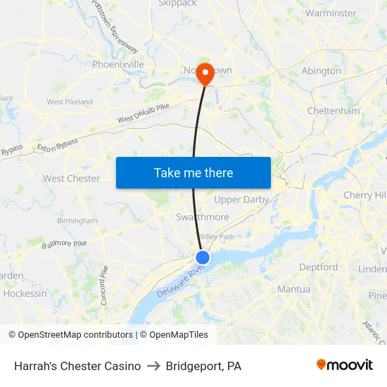 Harrah's Chester Casino to Bridgeport, PA map