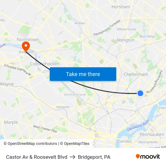 Castor Av & Roosevelt Blvd to Bridgeport, PA map