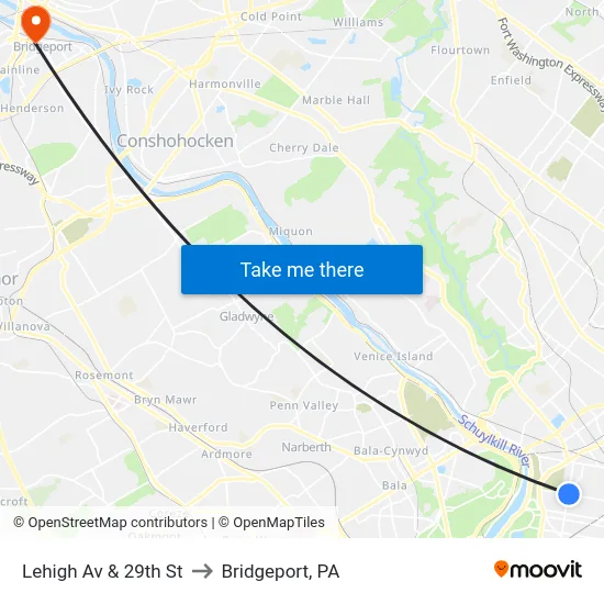 Lehigh Av & 29th St to Bridgeport, PA map