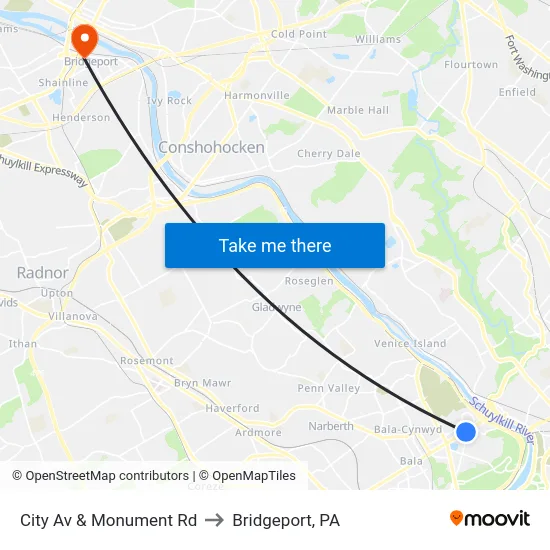 City Av & Monument Rd to Bridgeport, PA map