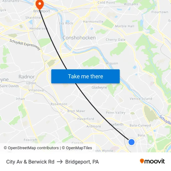City Av & Berwick Rd to Bridgeport, PA map