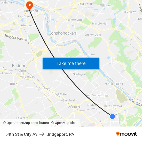 54th St & City Av to Bridgeport, PA map