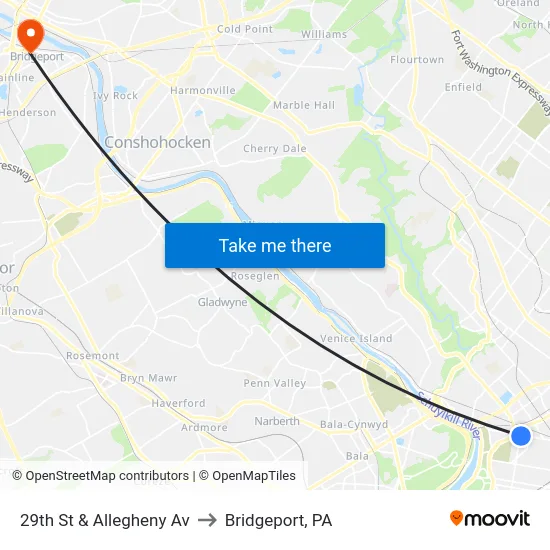 29th St & Allegheny Av to Bridgeport, PA map