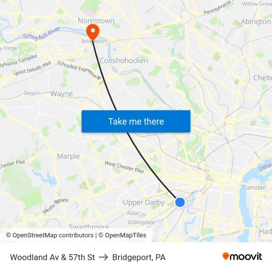 Woodland Av & 57th St to Bridgeport, PA map