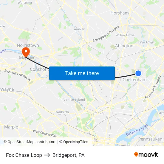 Fox Chase Loop to Bridgeport, PA map