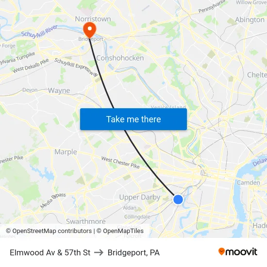Elmwood Av & 57th St to Bridgeport, PA map
