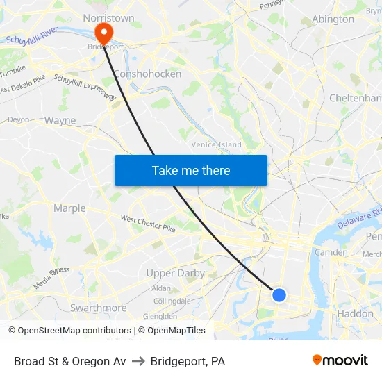 Broad St & Oregon Av to Bridgeport, PA map