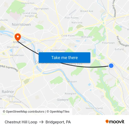 Chestnut Hill Loop to Bridgeport, PA map