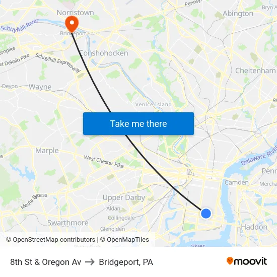 8th St & Oregon Av to Bridgeport, PA map