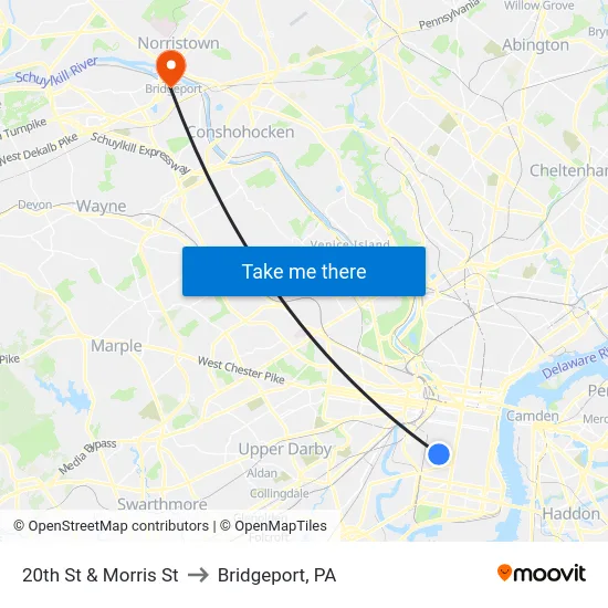 20th St & Morris St to Bridgeport, PA map