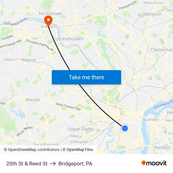 20th St & Reed St to Bridgeport, PA map