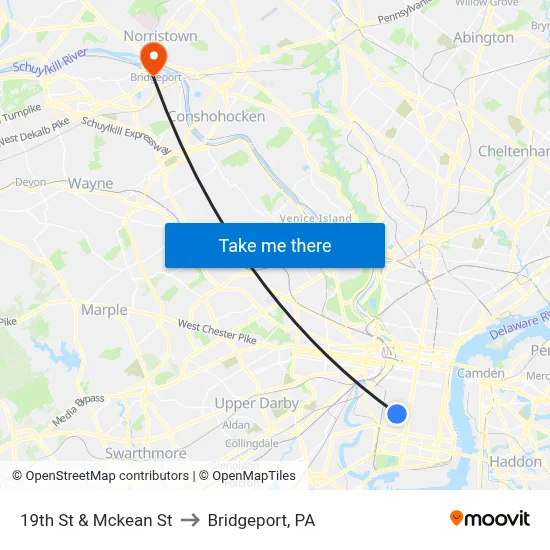 19th St & Mckean St to Bridgeport, PA map
