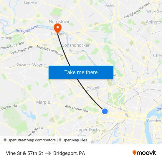 Vine St & 57th St to Bridgeport, PA map