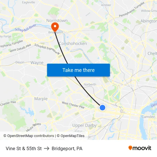 Vine St & 55th St to Bridgeport, PA map