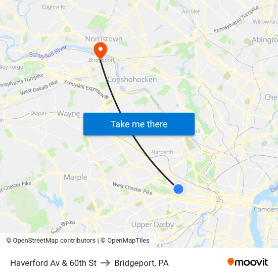 Haverford Av & 60th St to Bridgeport, PA map