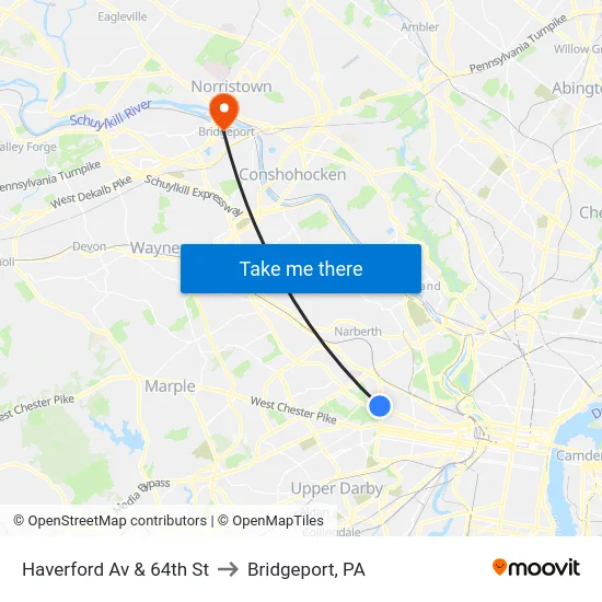 Haverford Av & 64th St to Bridgeport, PA map