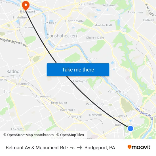 Belmont Av & Monument Rd - Fs to Bridgeport, PA map